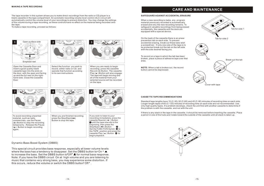 Curtis SRCD-4400 instruction manual Care and Maintenance, Making a Tape Recording, Safeguard Against Accidental Erasure 