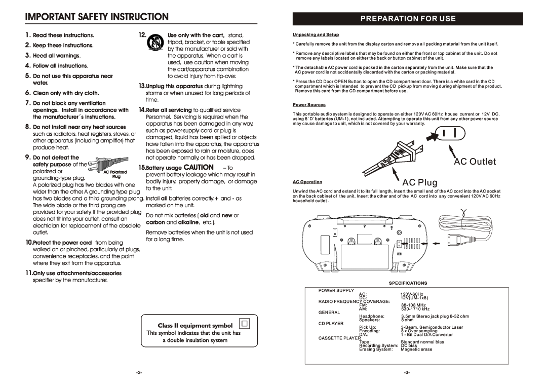 Curtis SRCD-4400 instruction manual Preparation For Use, Important Safety Instruction, AC Outlet, AC Plug 