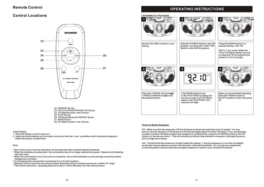 Curtis SRCD-4400 instruction manual Remote Control, Operating Instructions, Control Locations 