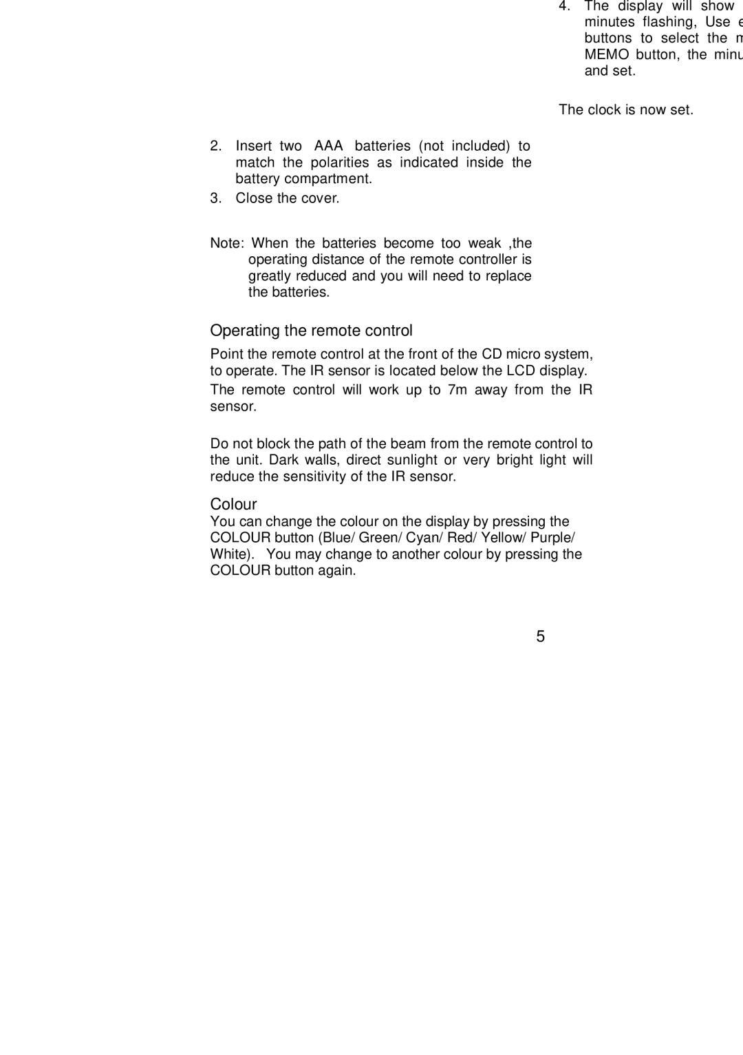 Curtis SRCD-719 instruction manual Battery Installation, Setting the Clock, Operating the remote control, Colour 