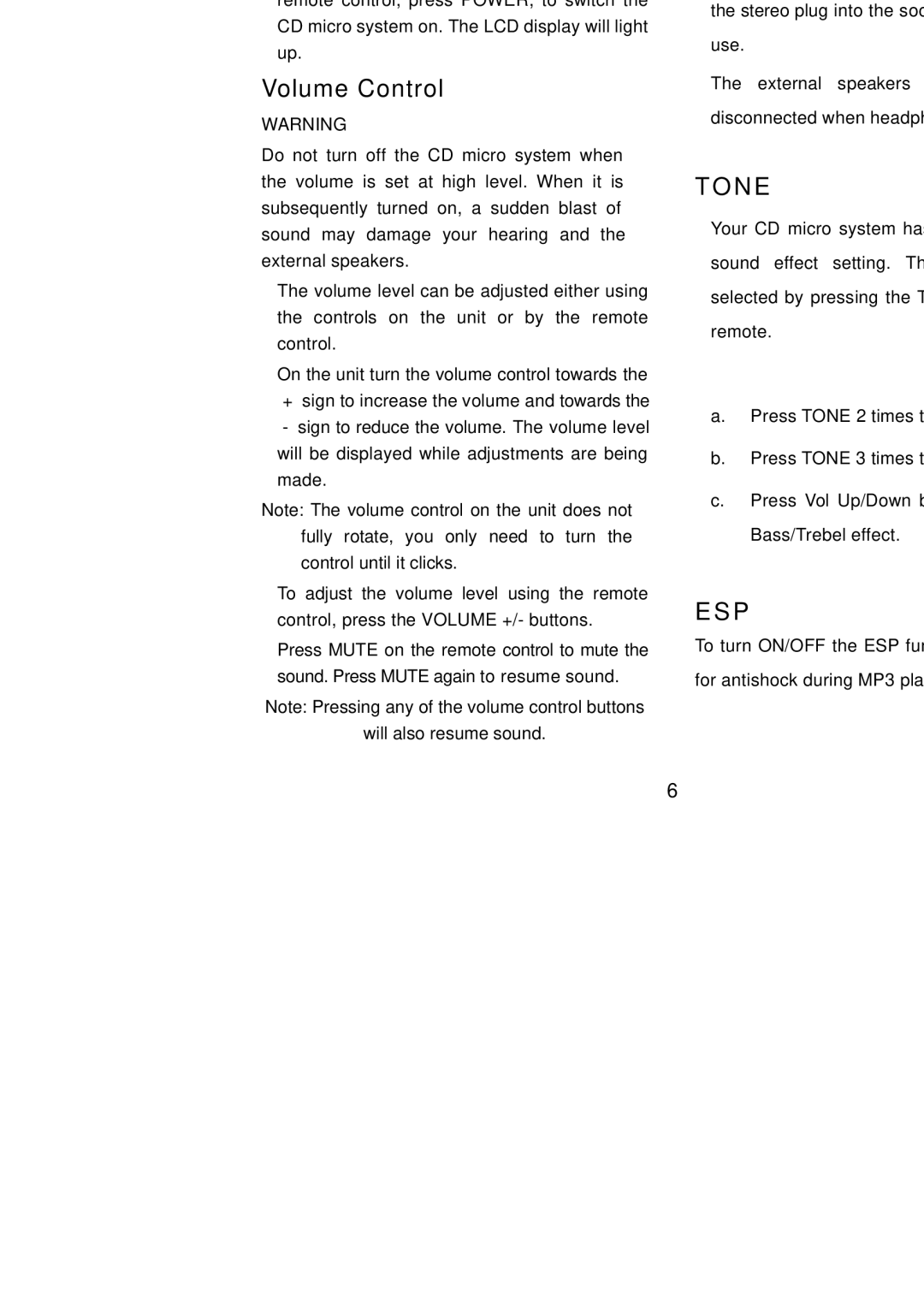 Curtis SRCD-719 instruction manual Operation, Tone, Esp 