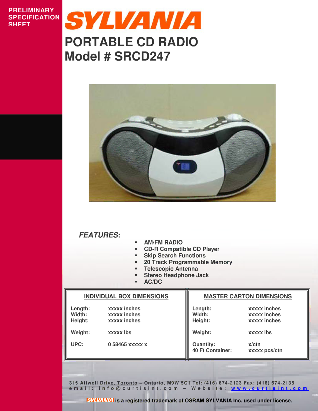 Curtis specifications Portable CD Radio, Model # SRCD247, Features, AM/FM Radio 