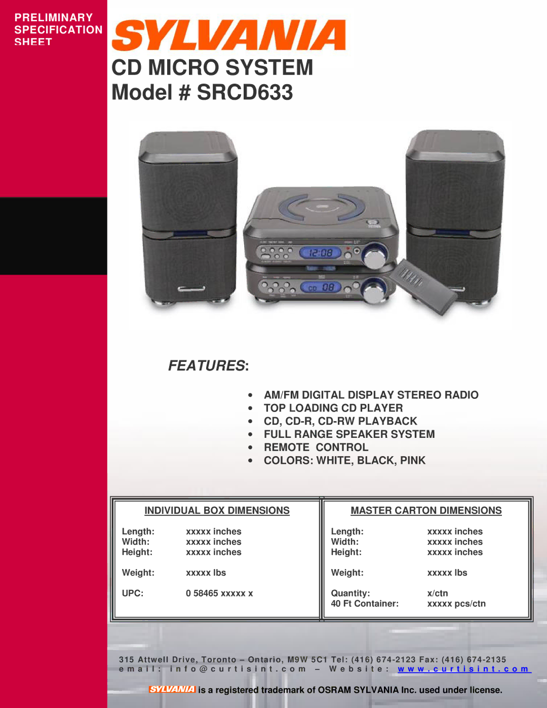 Curtis specifications CD Micro System, Model # SRCD633, Features, Individual BOX Dimensions Master Carton Dimensions 