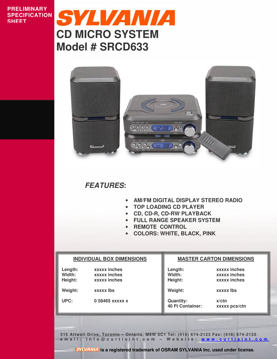 Curtis specifications CD MICRO SYSTEM Model # SRCD633, Features, Preliminary Specification Sheet 