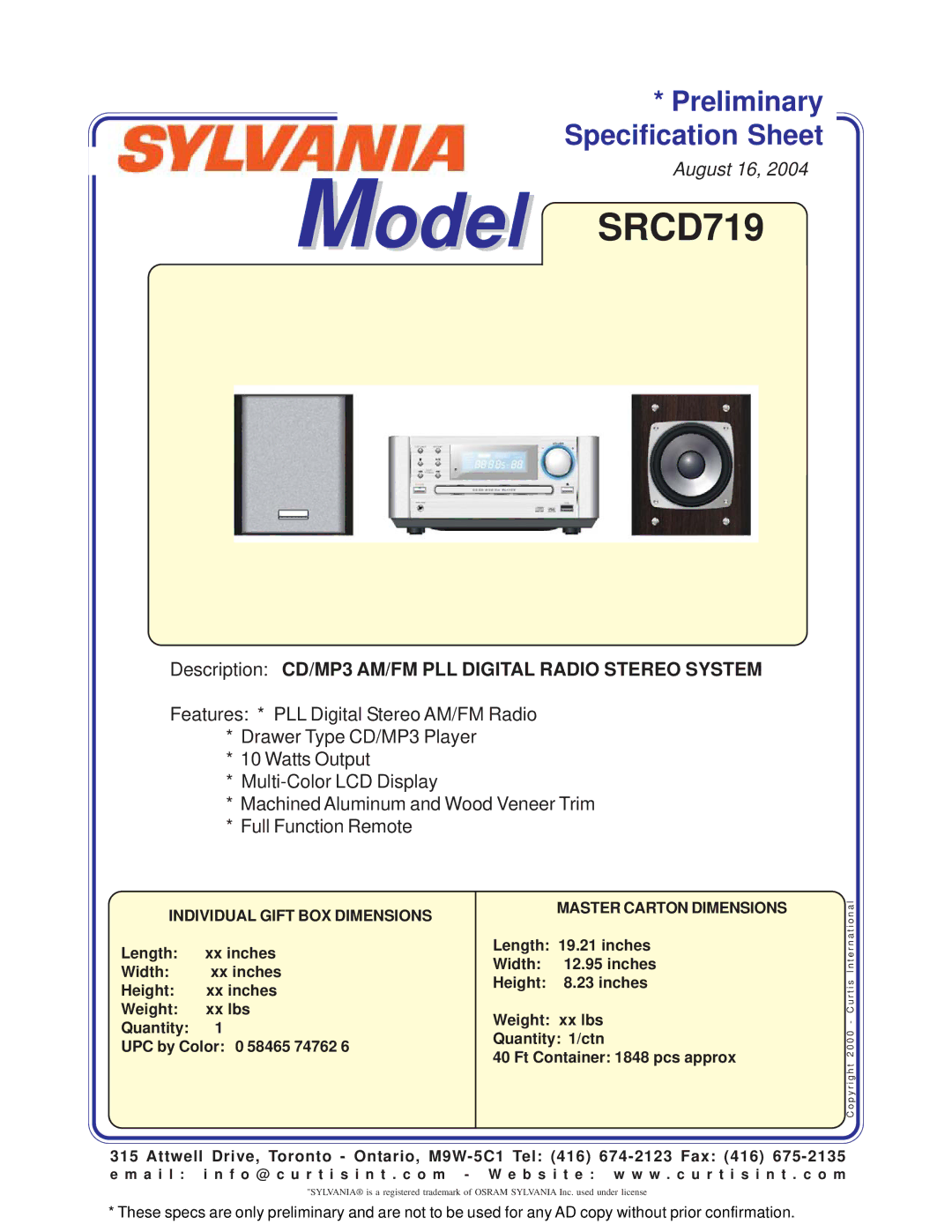 Curtis specifications Model SRCD719, Description CD/MP3 AM/FM PLL Digital Radio Stereo System, Master Carton Dimensions 