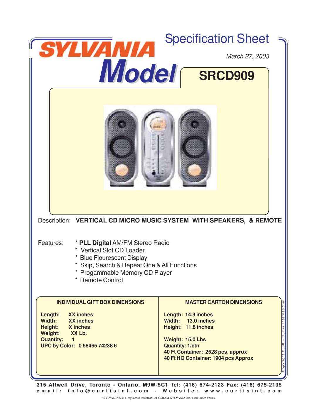 Curtis specifications Model SRCD909, Individual Gift BOX Dimensions, Master Carton Dimensions 