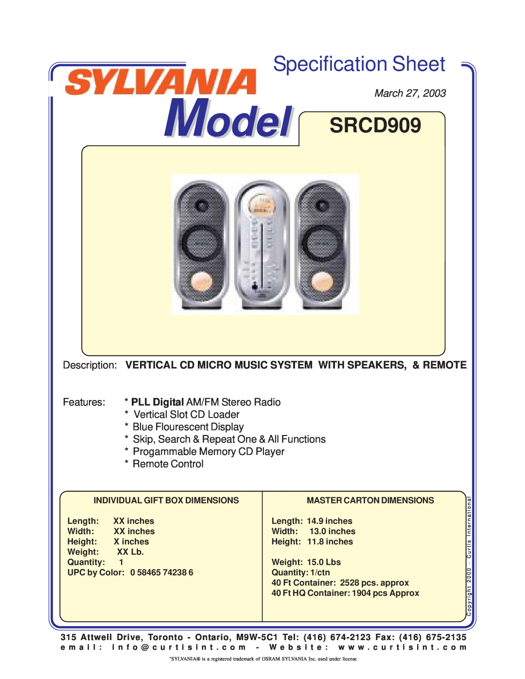 Curtis specifications Specification Sheet, Model SRCD909, March, Place Image Here 