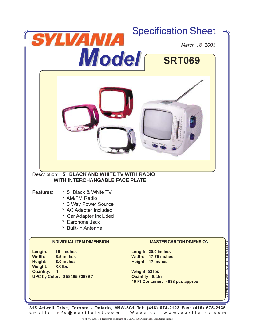 Curtis specifications Model SRT069, With Interchangable Face Plate, Individual Item Dimension, Master Carton Dimension 