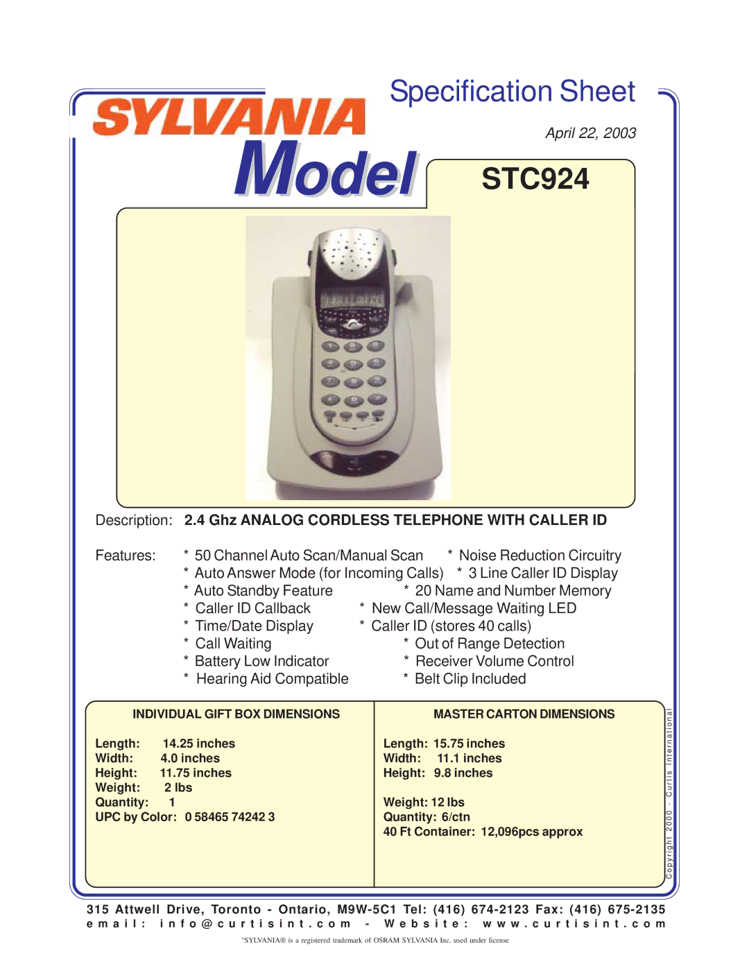 Curtis specifications Model STC924, Individual Gift BOX Dimensions, Master Carton Dimensions 