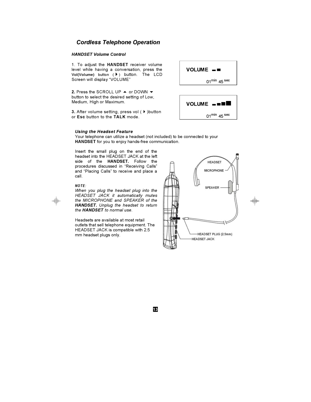 Curtis TC590 owner manual Handset Volume Control, Using the Headset Feature 