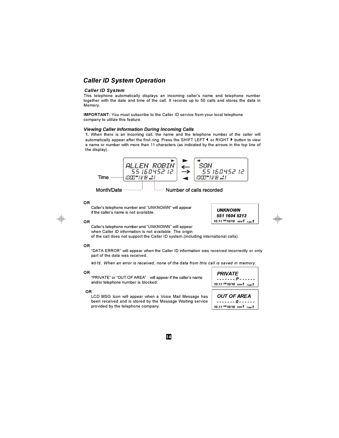 Curtis TC590 owner manual Caller ID System Operation, Viewing Caller Information During Incoming Calls, Unknown 551 1604 