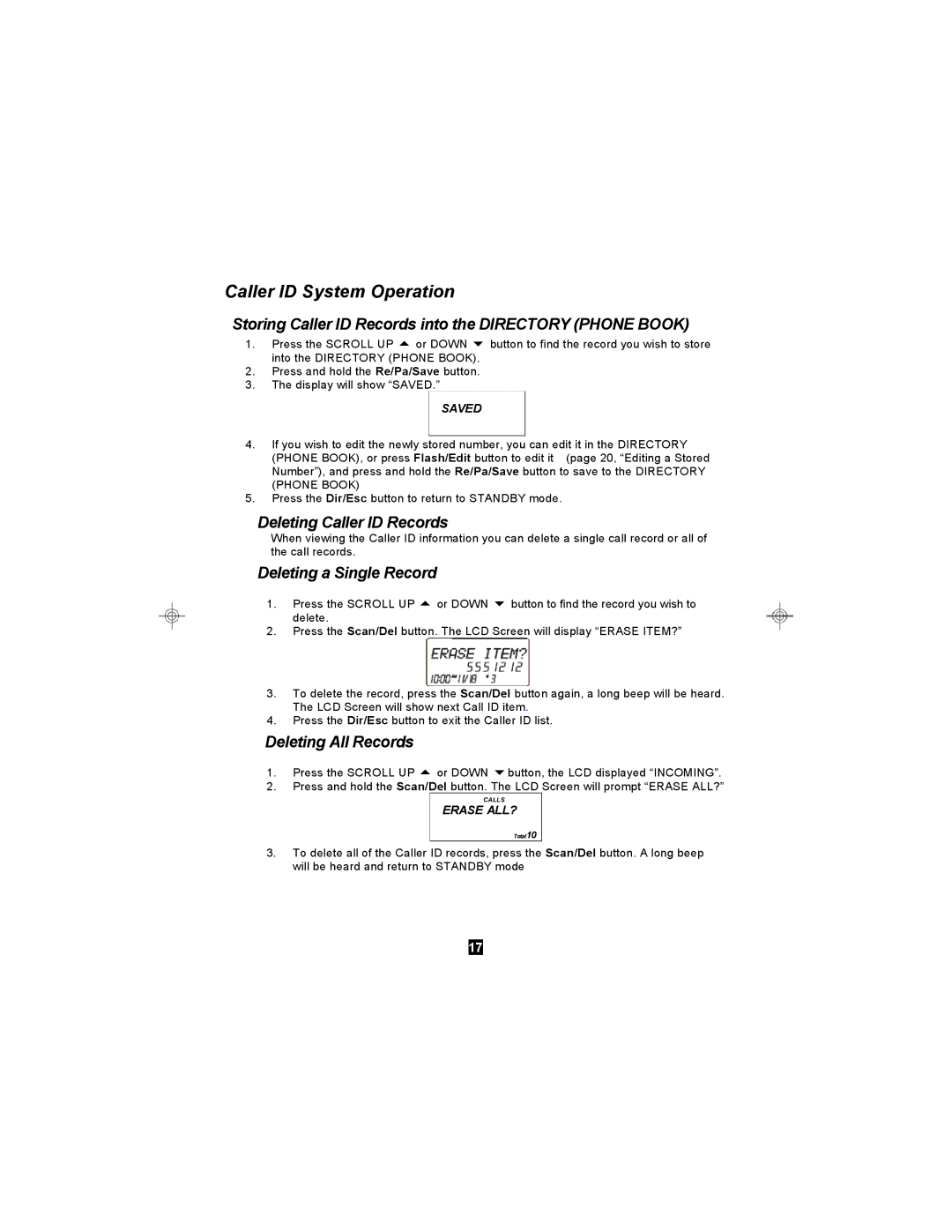 Curtis TC590 owner manual Storing Caller ID Records into the Directory Phone Book 