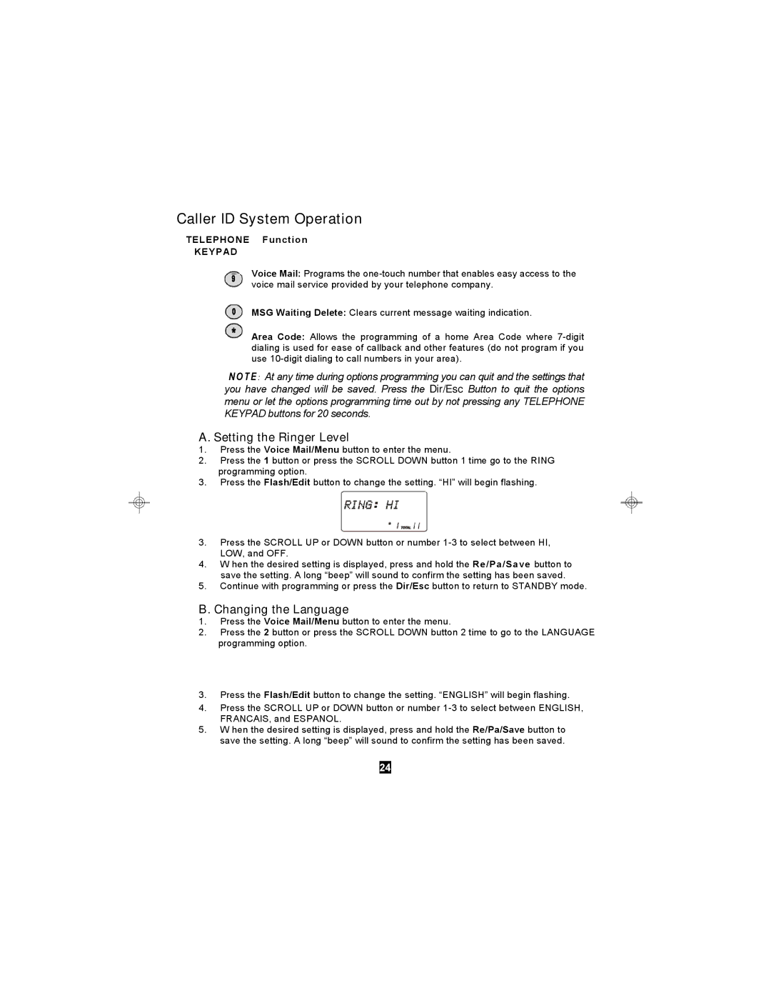 Curtis TC590 owner manual Setting the Ringer Level, Changing the Language 