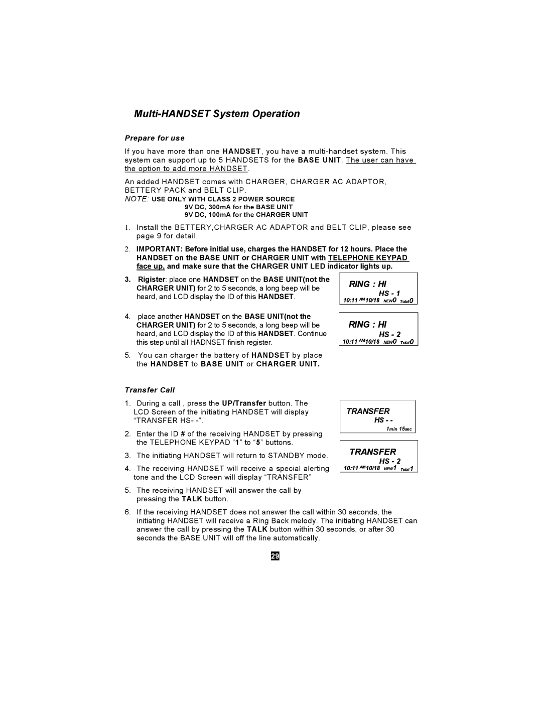 Curtis TC590 owner manual Multi-HANDSET System Operation, Prepare for use, Transfer Call 