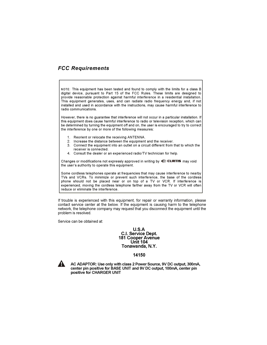 Curtis TC590 owner manual FCC Requirements 