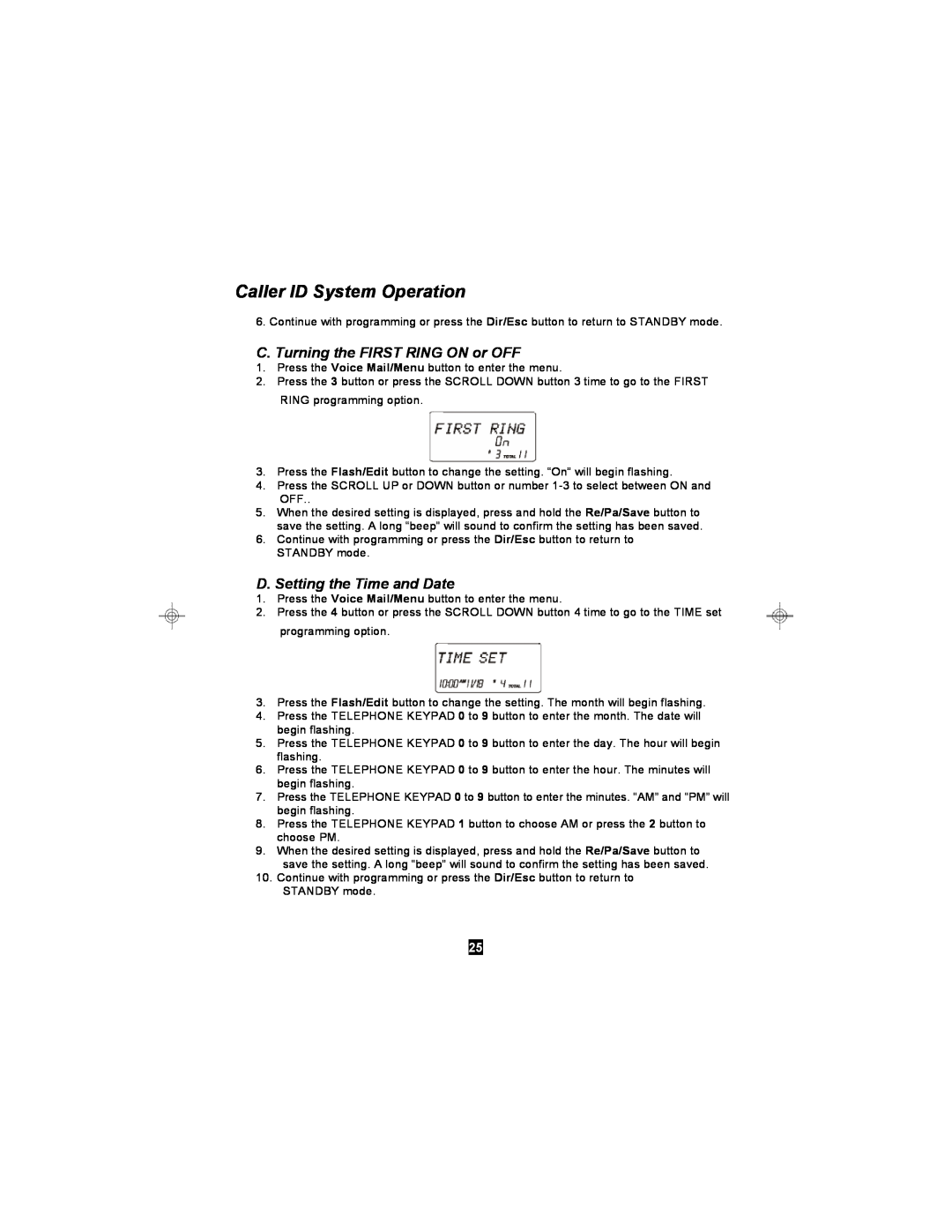 Curtis TC590 owner manual C. Turning the FIRST RING ON or OFF, D. Setting the Time and Date, Caller ID System Operation 