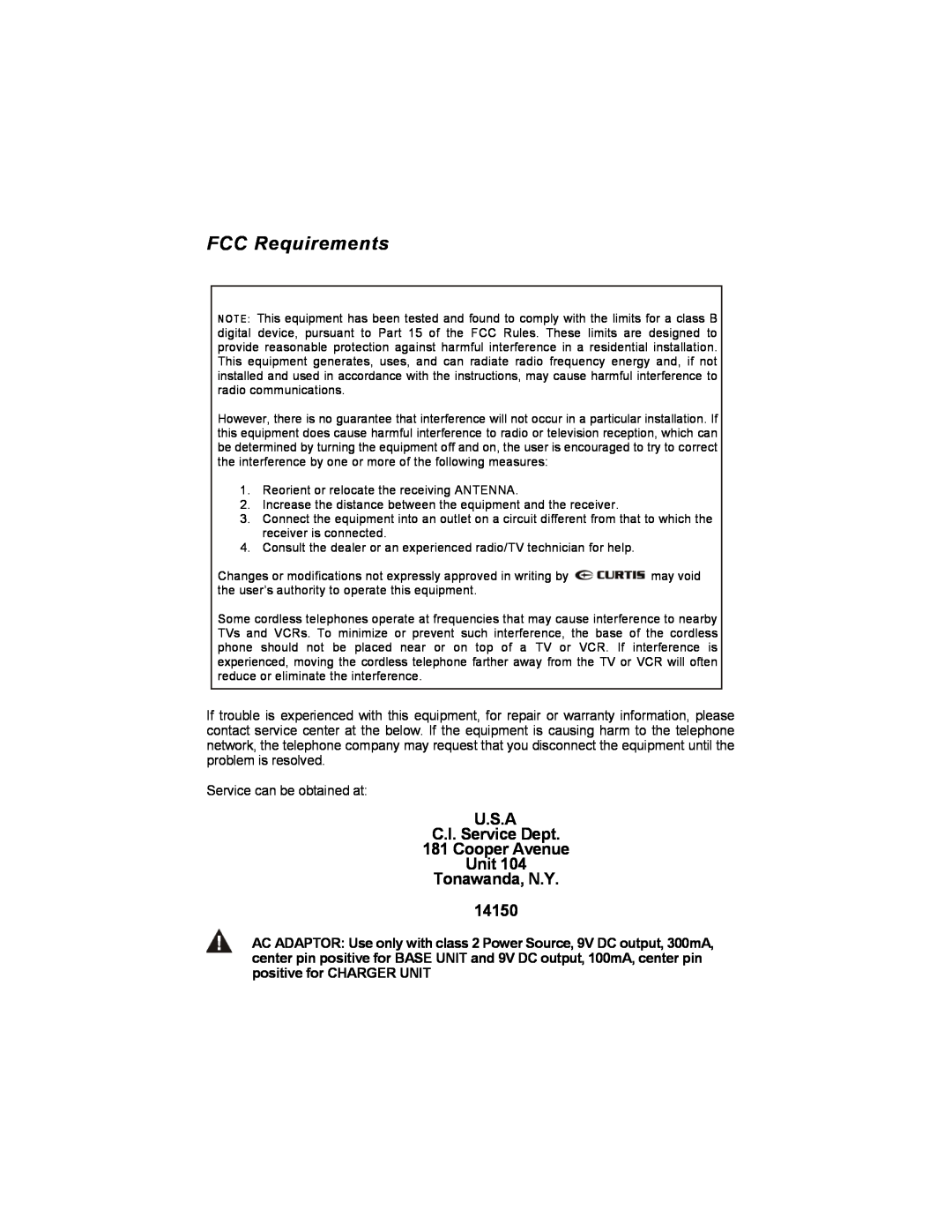 Curtis TC590 owner manual FCC Requirements, U.S.A C.I. Service Dept 181 Cooper Avenue Unit Tonawanda, N.Y 14150 