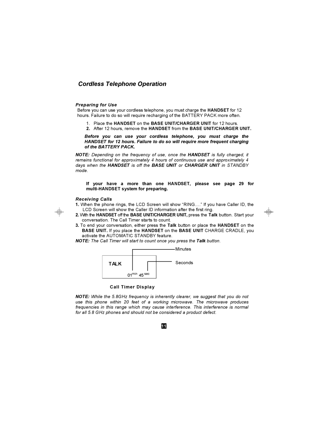 Curtis TC595 owner manual Cordless Telephone Operation, Preparing for Use, Receiving Calls 