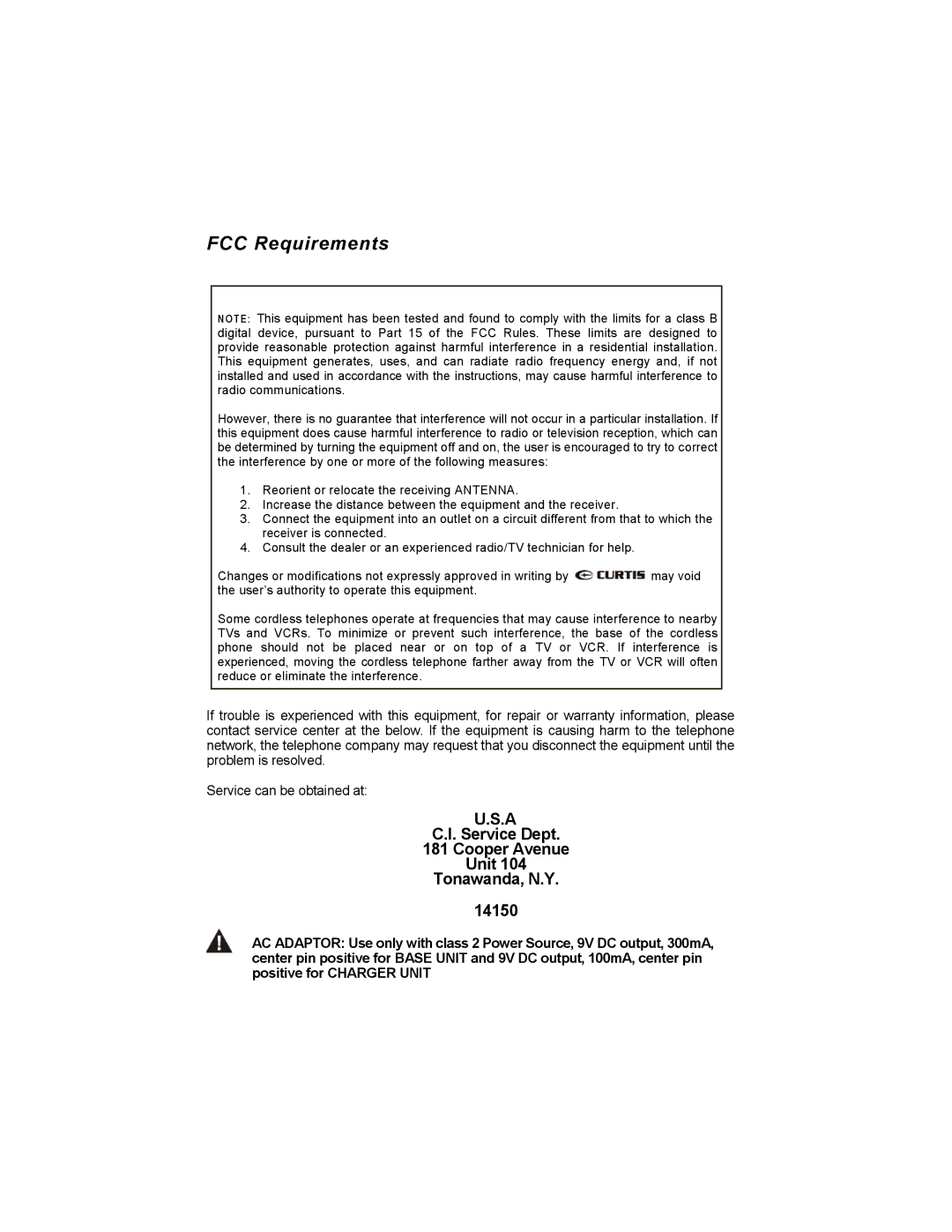 Curtis TC595 owner manual FCC Requirements 