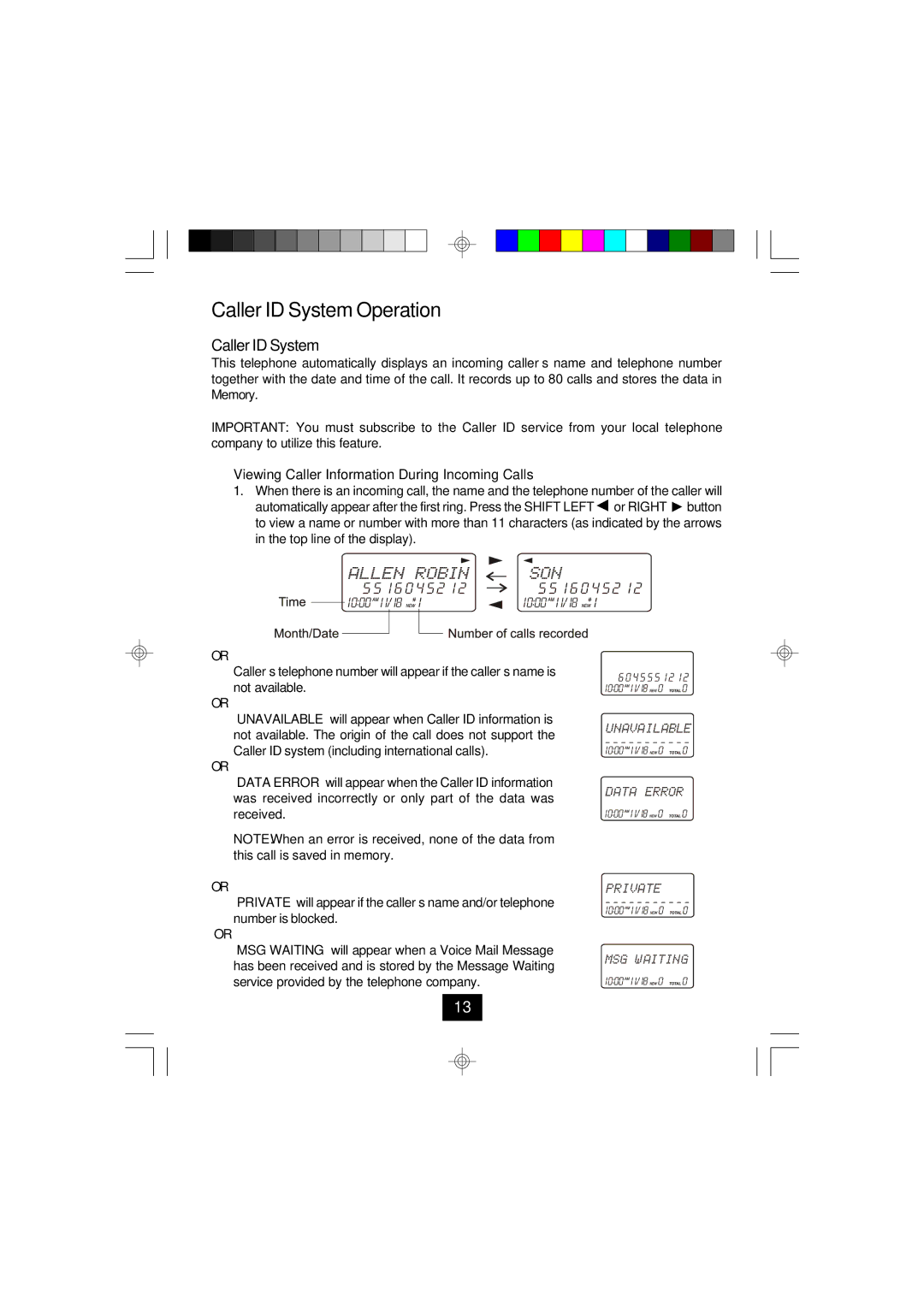 Curtis TC924 owner manual Caller ID System Operation 