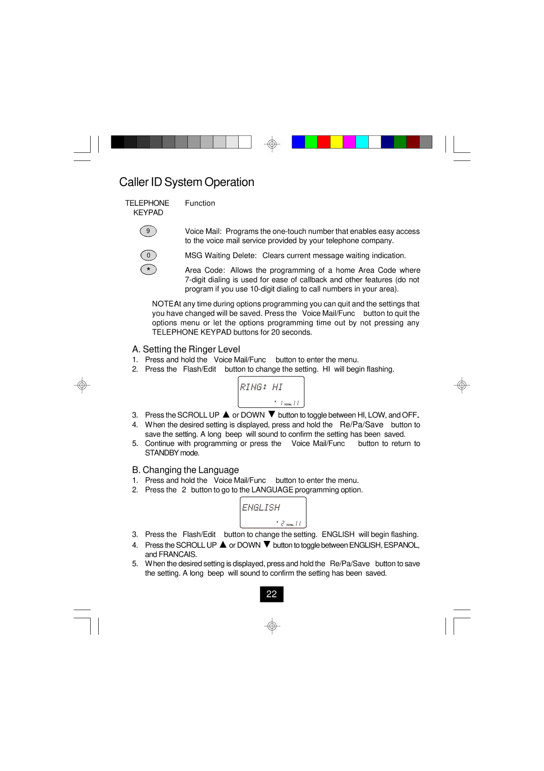 Curtis TC924 owner manual Setting the Ringer Level, Changing the Language 