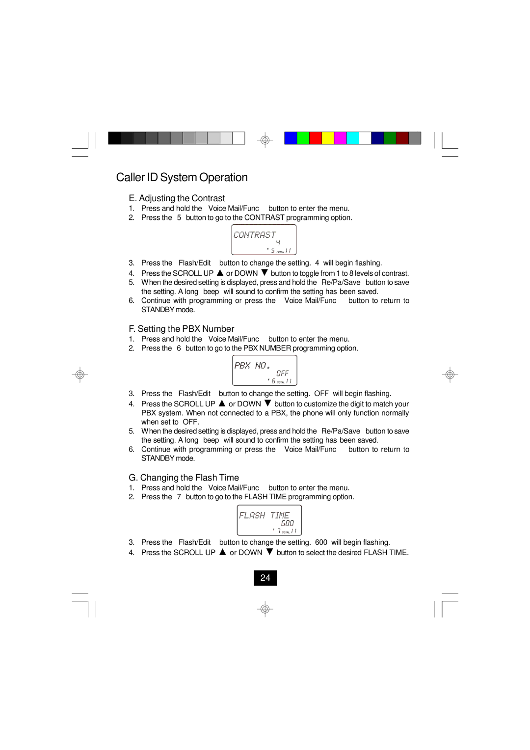 Curtis TC924 owner manual Adjusting the Contrast, Setting the PBX Number, Changing the Flash Time 