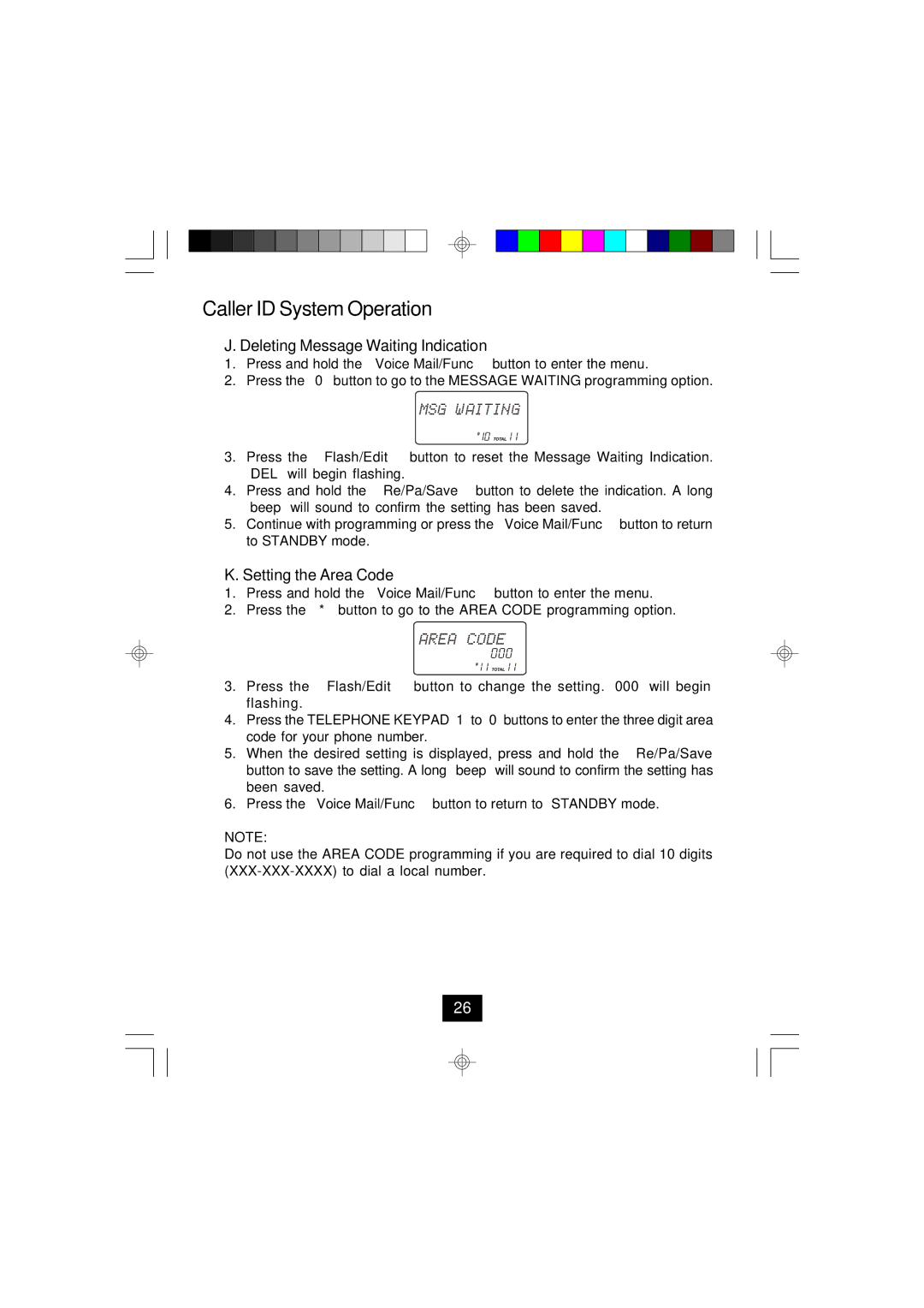 Curtis TC924 owner manual Deleting Message Waiting Indication, Setting the Area Code 