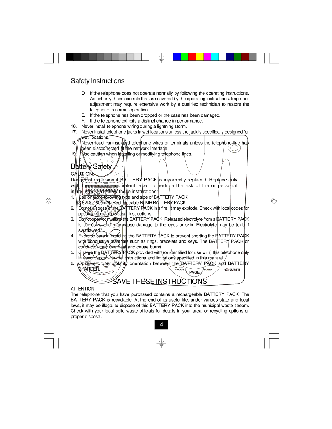 Curtis TC924 owner manual Battery Safety 