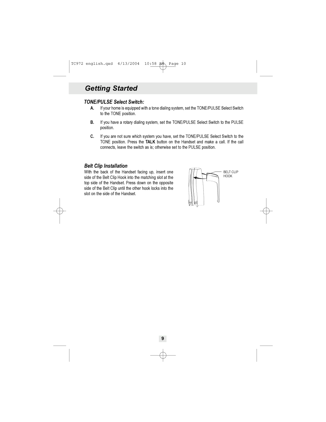 Curtis TC972 owner manual TONE/PULSE Select Switch, Belt Clip Installation 