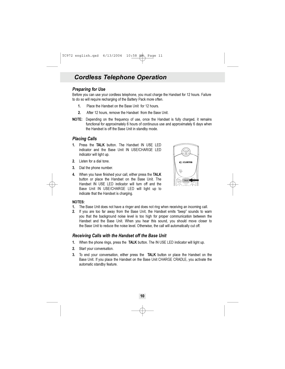 Curtis TC972 owner manual Cordless Telephone Operation, Preparing for Use, Placing Calls 