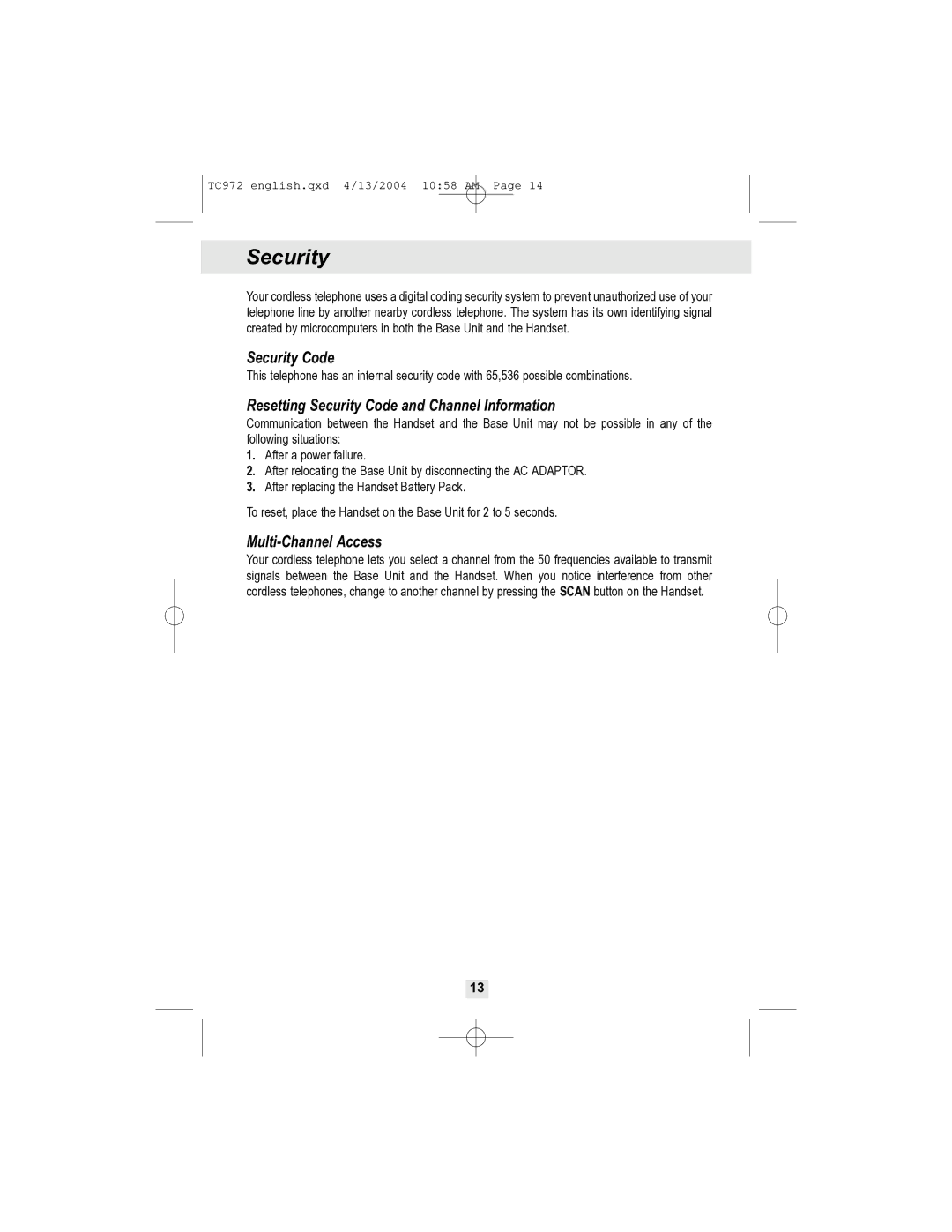 Curtis TC972 owner manual Resetting Security Code and Channel Information, Multi-Channel Access 