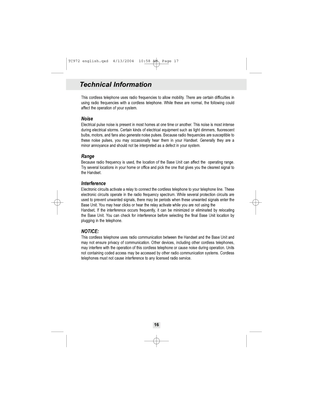 Curtis TC972 owner manual Technical Information, Noise, Range, Interference 