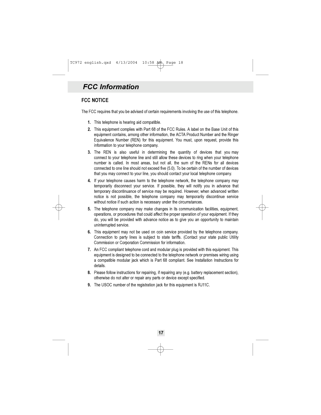 Curtis TC972 owner manual FCC Information, FCC Notice 