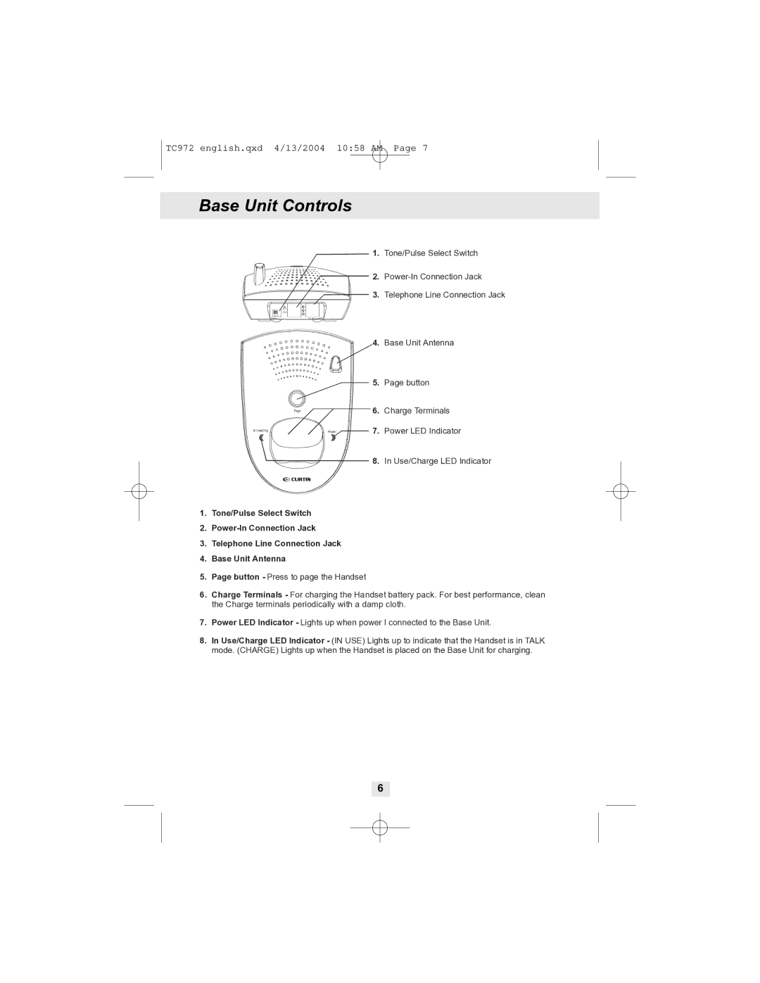 Curtis TC972 owner manual Base Unit Controls 