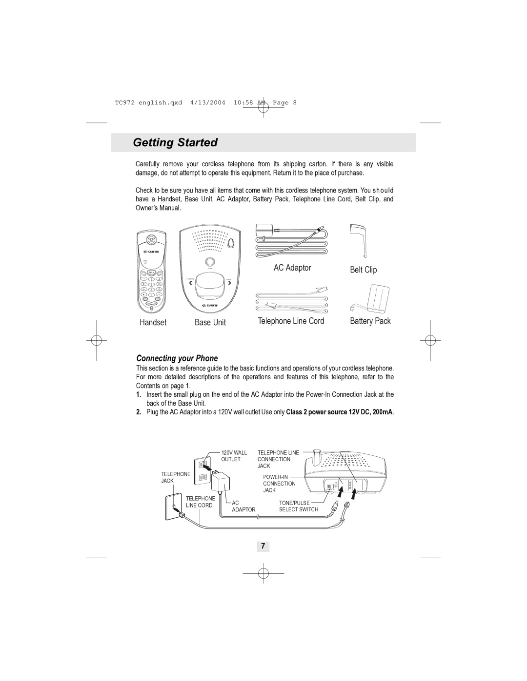 Curtis TC972 owner manual Getting Started, Connecting your Phone 