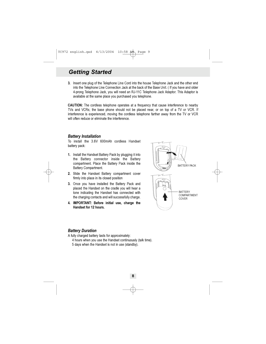 Curtis TC972 owner manual Battery Installation, Battery Duration 