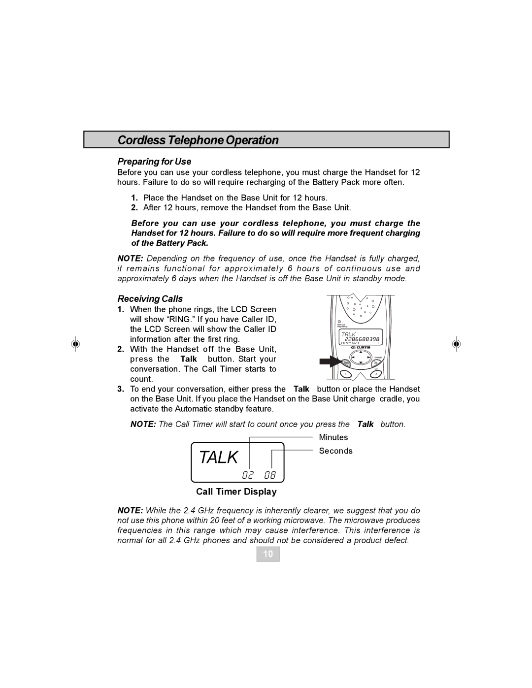 Curtis TC984 manual Cordless Telephone Operation, Preparing for Use, Receiving Calls 