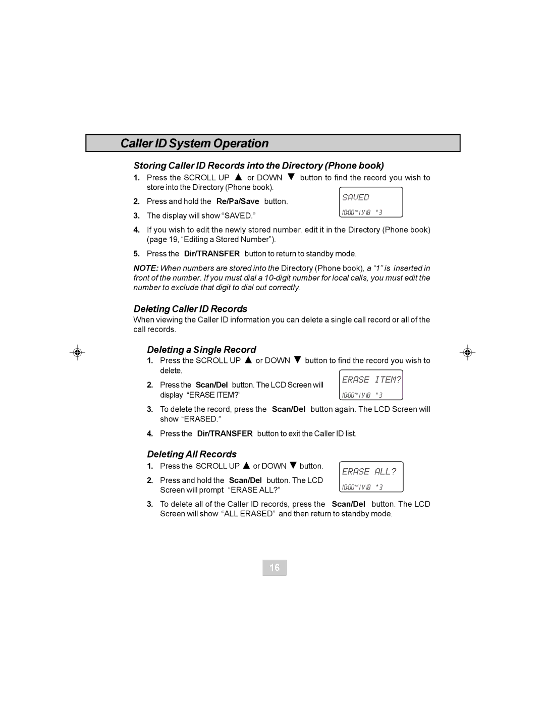 Curtis TC984 Storing Caller ID Records into the Directory Phone book, Deleting Caller ID Records, Deleting a Single Record 