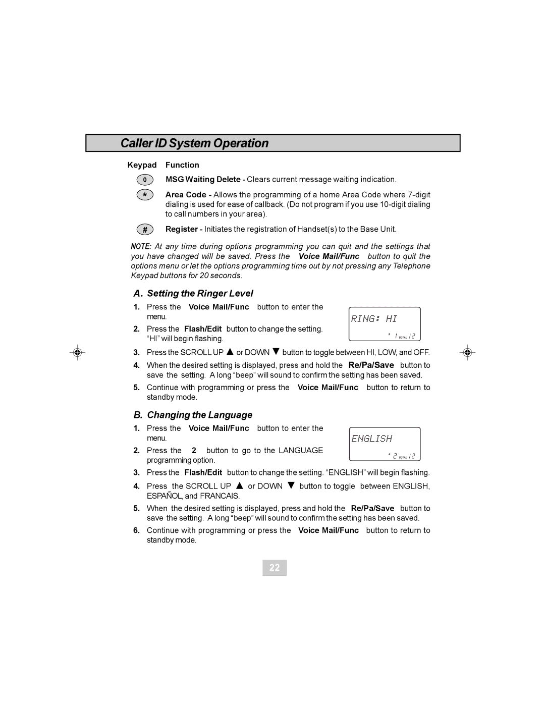 Curtis TC984 manual Setting the Ringer Level, Changing the Language 