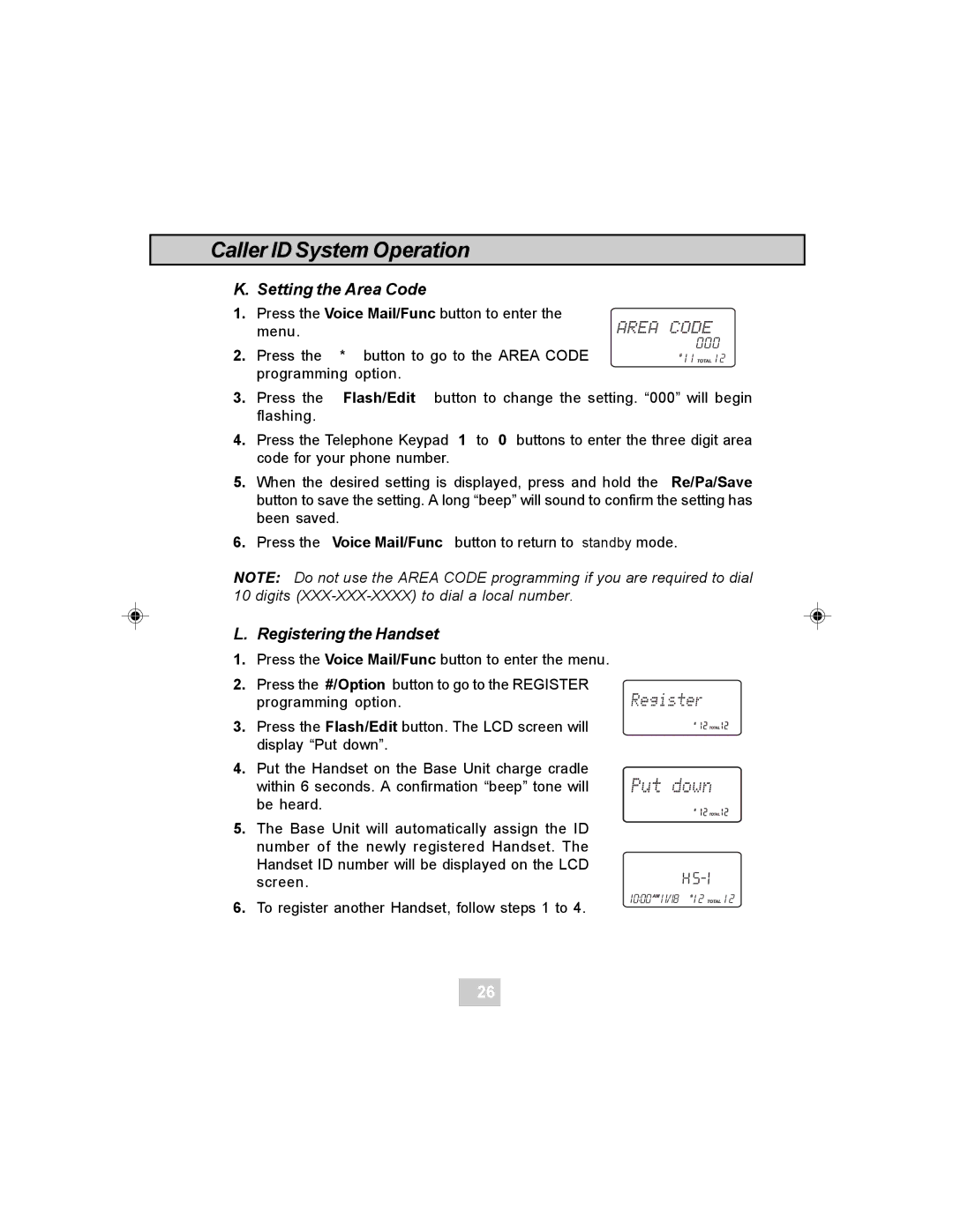 Curtis TC984 manual Setting the Area Code, Registering the Handset 