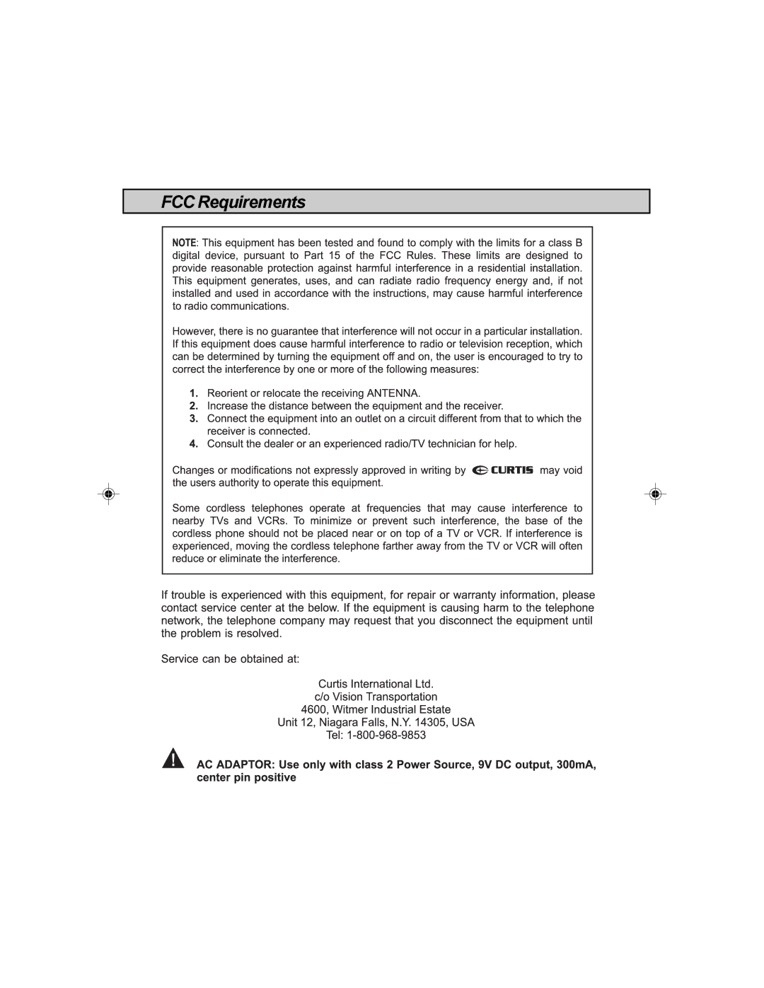 Curtis TC984 manual FCC Requirements 