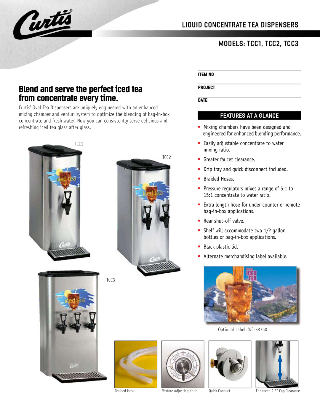 Curtis manual Models TCC1, TCC2, TCC3, Features AT a Glance, Black plastic lid Alternate merchandising label available 