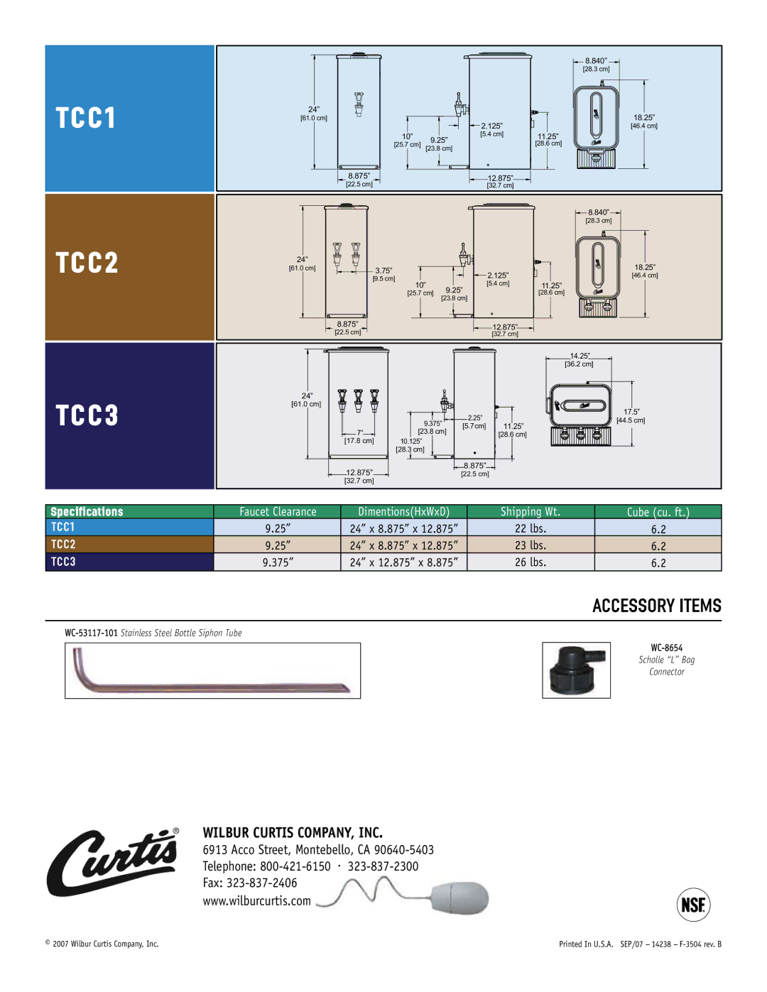 Curtis TCC2 manual TCC1, TCC3, Accessory Items, Specifications 