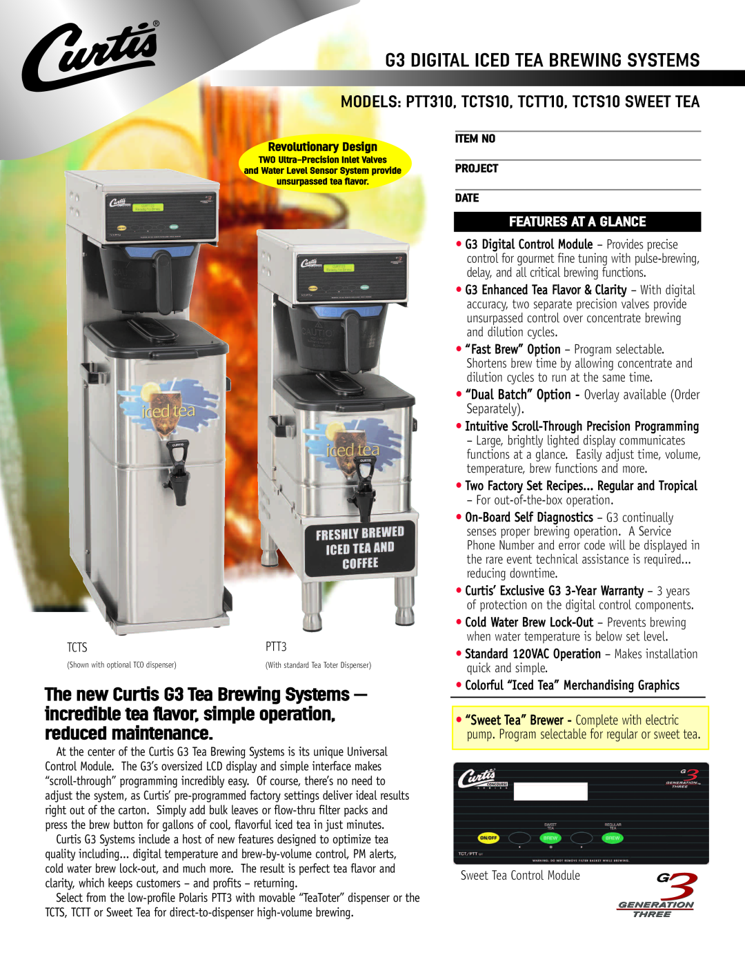 Curtis PTT310, TCTT10 manual Features At A Glance, G3 DIGITAL ICED TEA BREWING SYSTEMS, Tcts, For out-of-the-box operation 