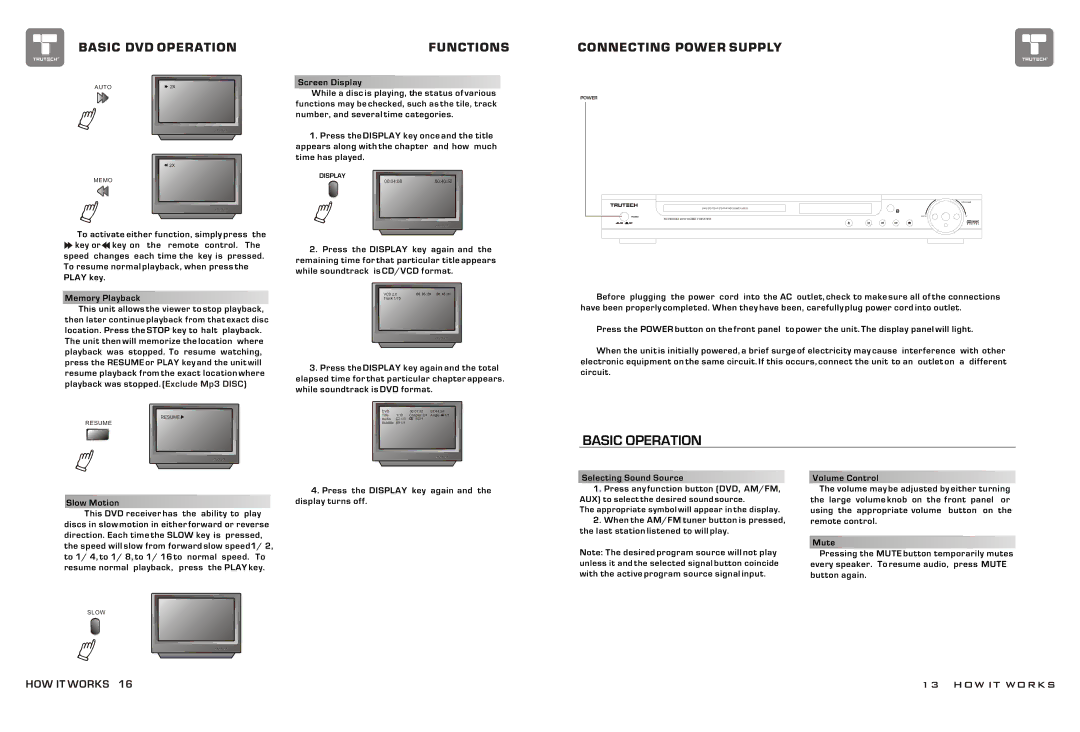 Curtis TDVD6048 Basic DVD Operation Functions Connecting Power Supply, Press the Resume or Play key and the unit will 