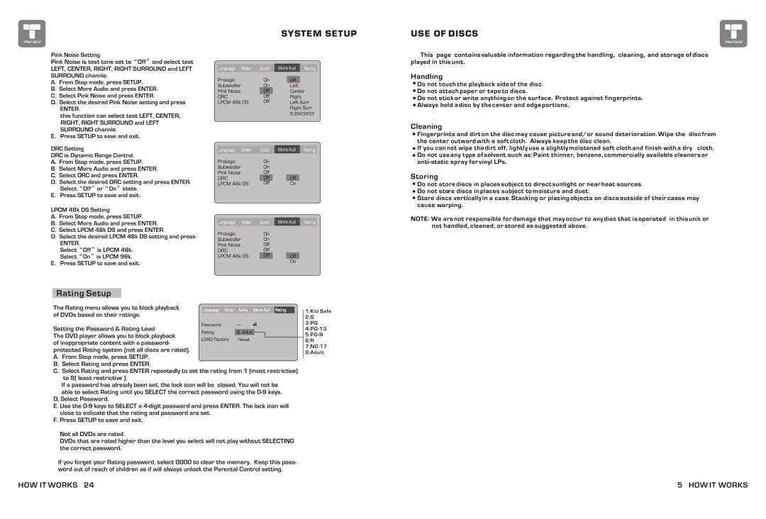 Curtis TDVD6048 manual System Setup, USE of Discs 