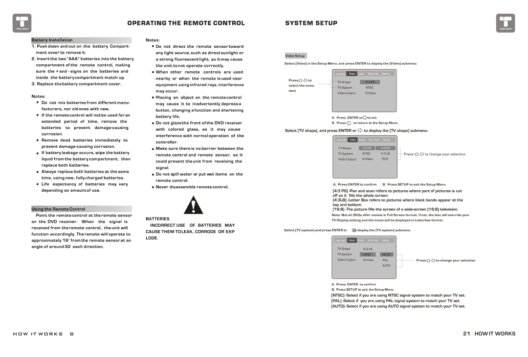 Curtis TDVD6048 manual Operating the Remote Control System Setup 