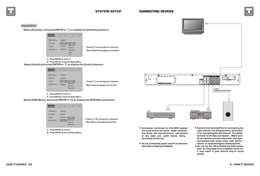 Curtis TDVD6048 Connecting Devices, How It Works, Select Subtitle, and press ENTER or to display the Subtitle submenu 