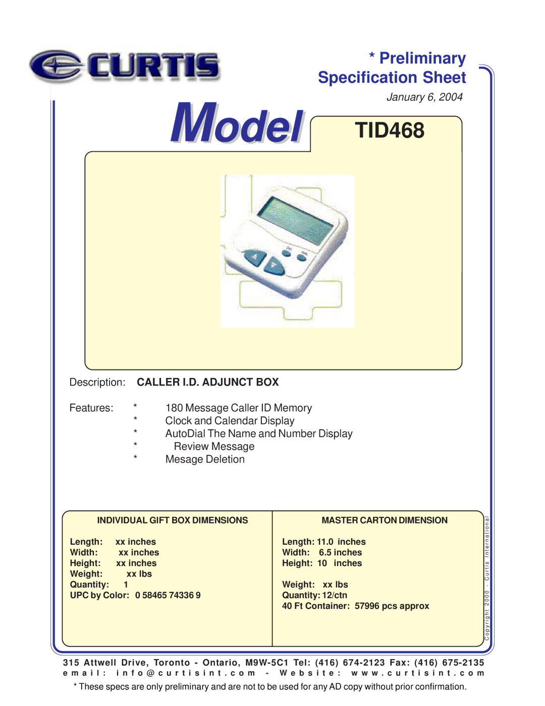 Curtis specifications Model TID468, Description Caller I.D. Adjunct BOX, Review Message, Mesage Deletion 