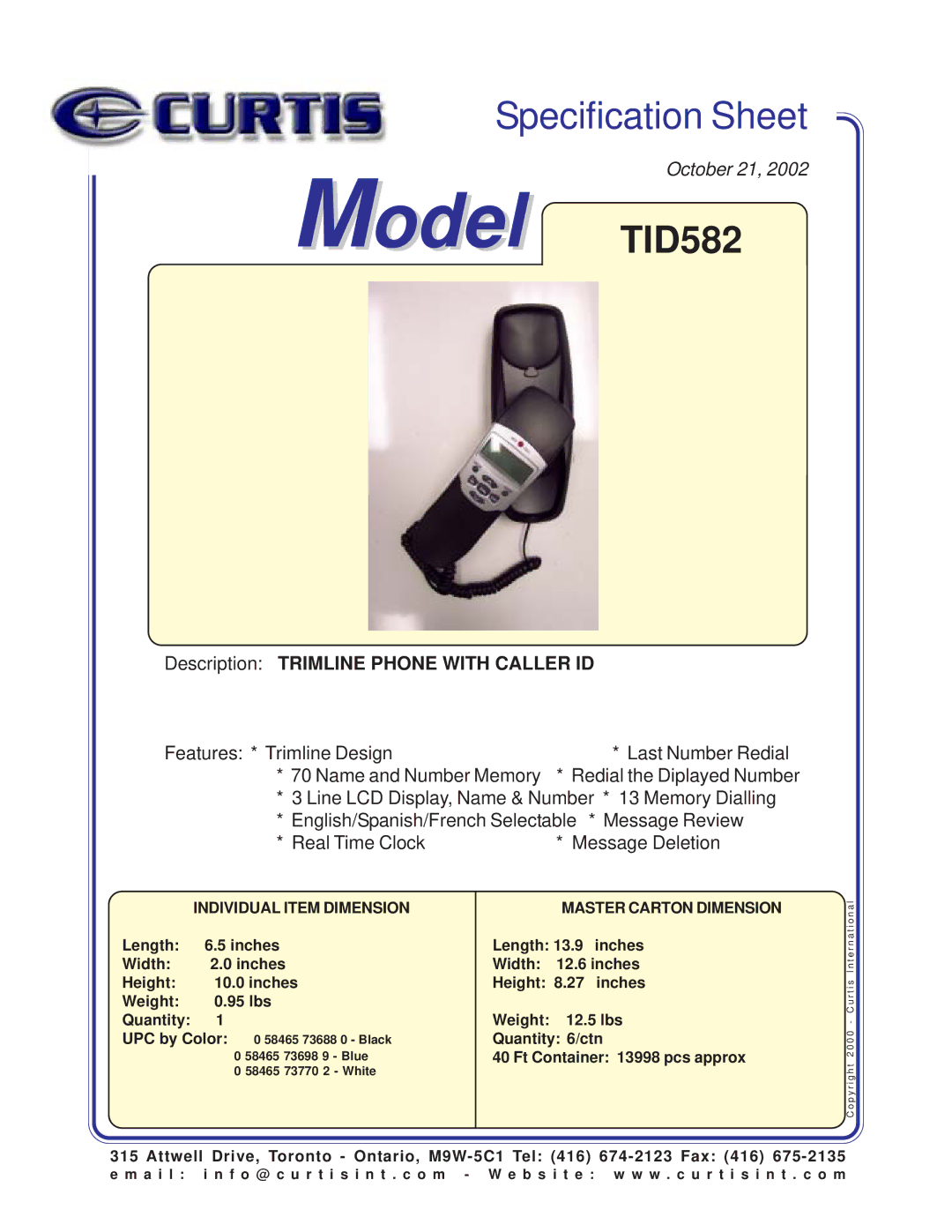 Curtis specifications Model TID582, Description Trimline Phone with Caller ID, Individual Item Dimension 